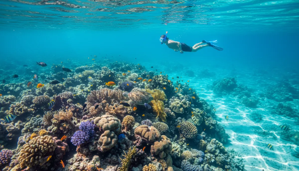 Photorealistic bright daytime scene of a paddleboarder and a snorkeler together near a shallow reef in turquoise South Florida water, clear sky, Fort Lauderdale skyline faintly in the distance, coral visible beneath the surface