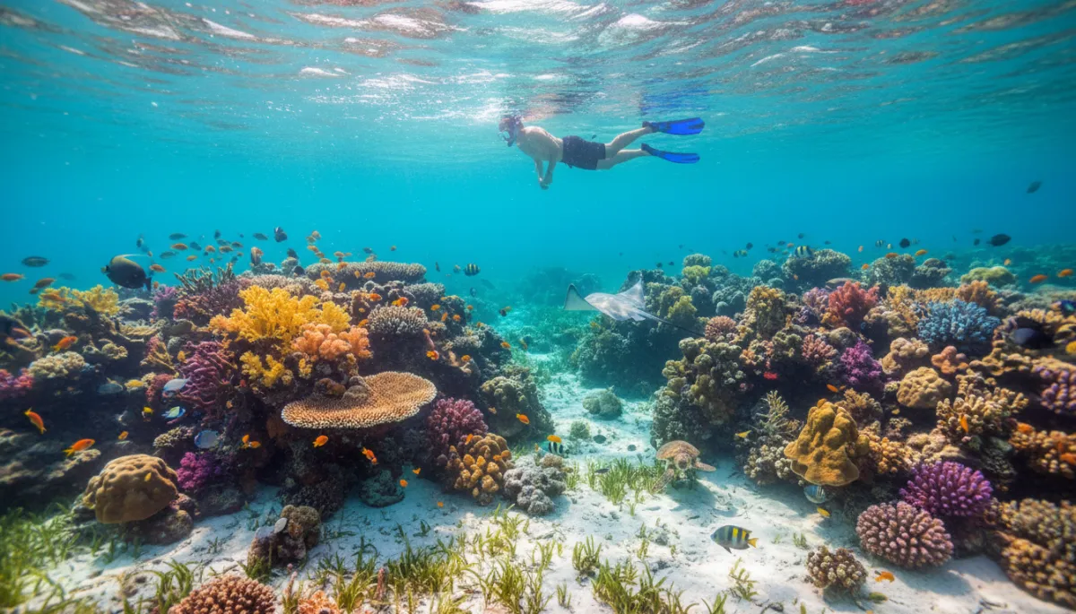 Photorealistic underwater scene off Fort Lauderdale showing a relaxed snorkeler floating above a vibrant coral reef with colorful tropical fish, sunbeams cutting through clear turquoise-blue water, sandy patches and sea fans in the background