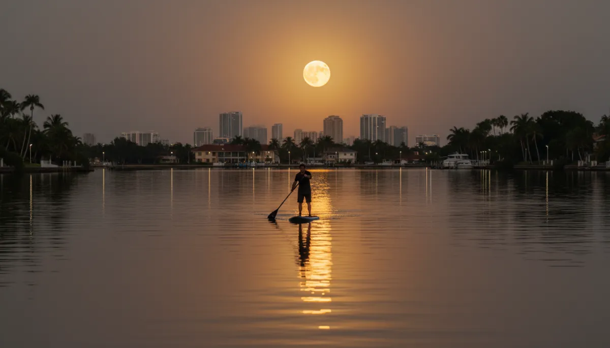 Solo paddleboarder on perfectly calm golden water in a Fort Lauderdale canal at dusk