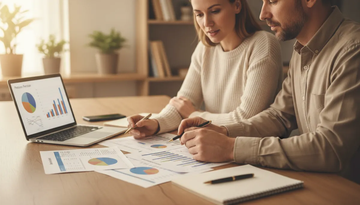 Two government employees reviewing pension statements and charts in a warm-toned office Two government employees reviewing pension statements and charts in a warm-toned office