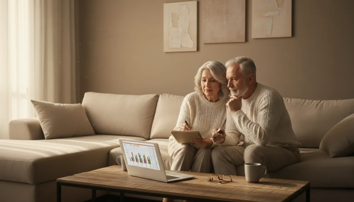 Retired public service couple reviewing their monthly retirement budget on a sofa Retired public service couple reviewing their monthly retirement budget on a sofa