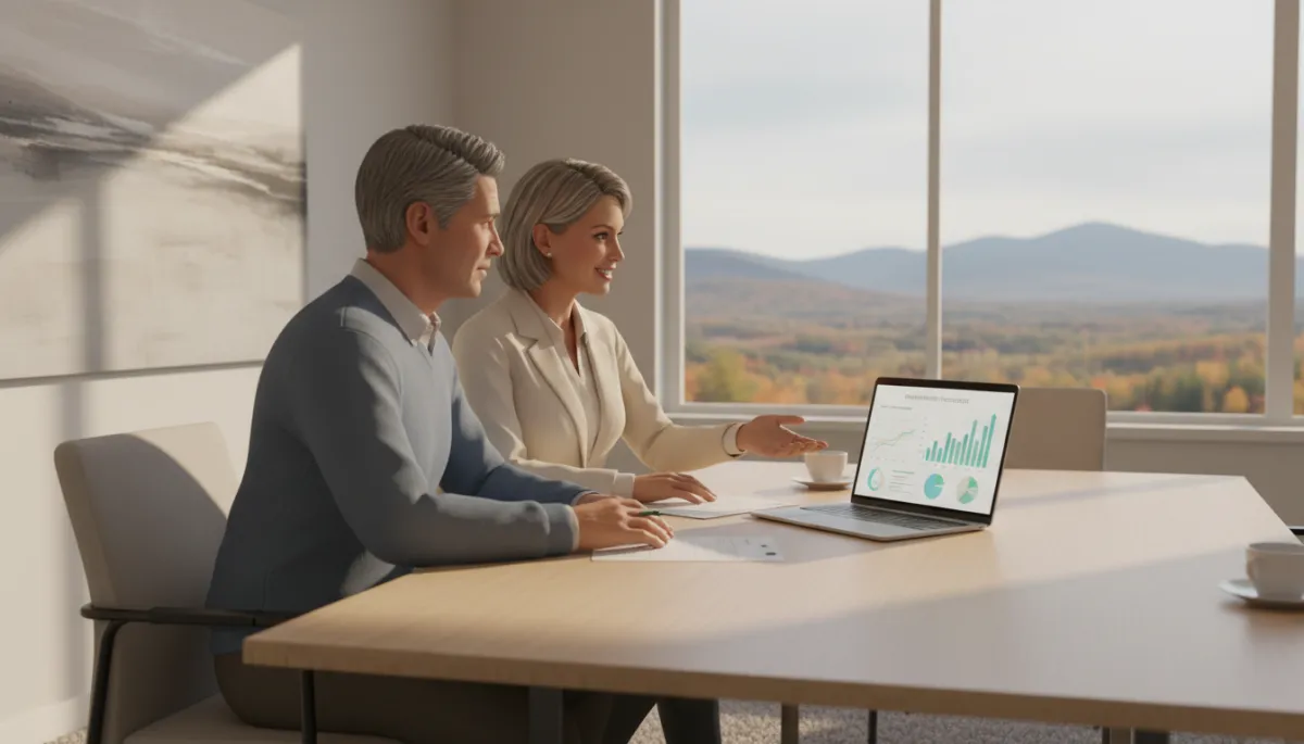 Financial advisor in Vermont reviewing retirement plans with a couple Financial advisor in Vermont reviewing retirement plans with a couple