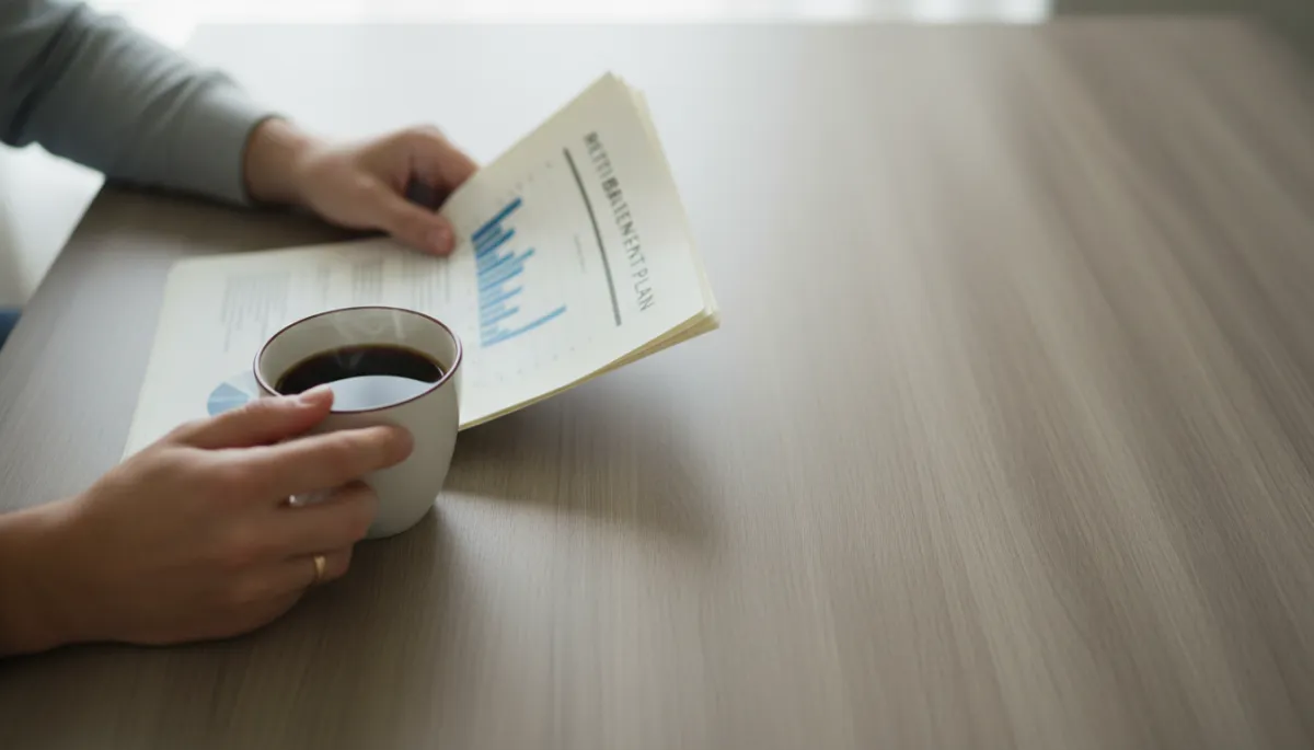 Hands reviewing retirement plan documents in a calm, comfortable setting