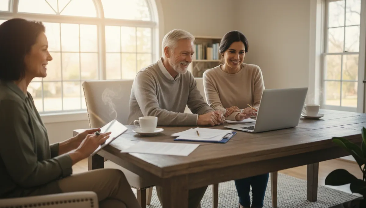 Warm and inviting photorealistic scene of a mature couple sitting at a wooden table with a friendly financial professional, sunlight streaming through a window, neutral tones and soft lighting, documents and a laptop on the table, everyone smiling and relaxed
