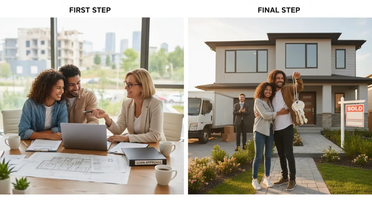 Home buyer searching for properties online using a laptop and smartphone