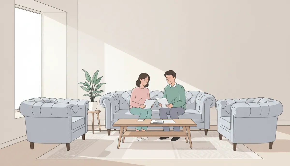 professional photorealistic interior shot of a tidy, neutrally decorated Chesterfield living room with light walls, simple furnishings and natural light through a bay window, two people seated at a coffee table reviewing house sale paperwork with calm expressions professional photorealistic interior shot of a tidy, neutrally decorated Chesterfield living room with light walls, simple furnishings and natural light through a bay window, two people seated at a coffee table reviewing house sale paperwork with calm expressions