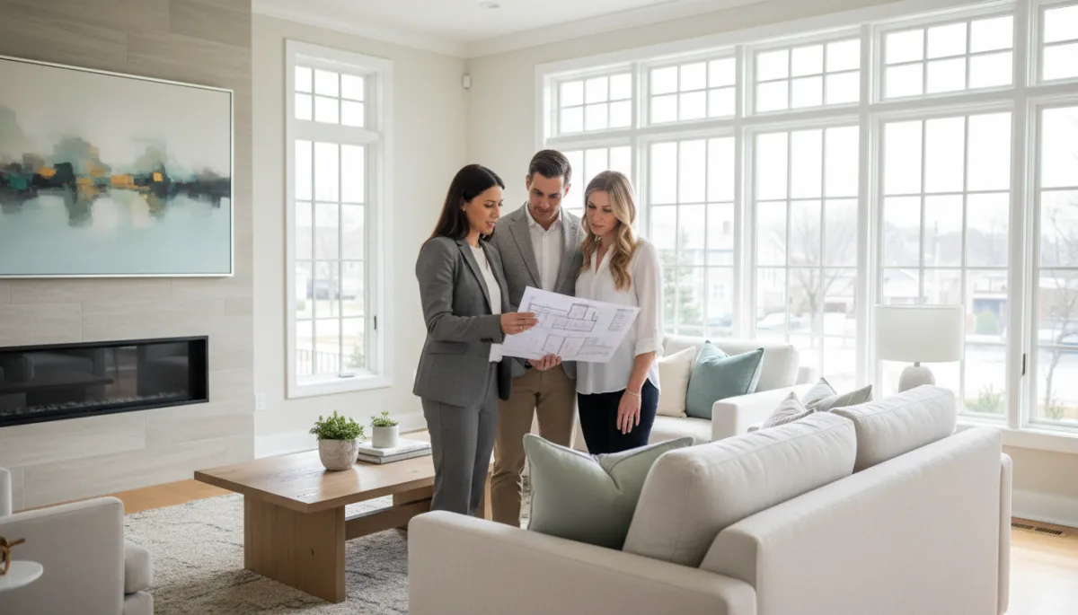 Real estate agent and homebuyers reviewing a property in a Boston-area home