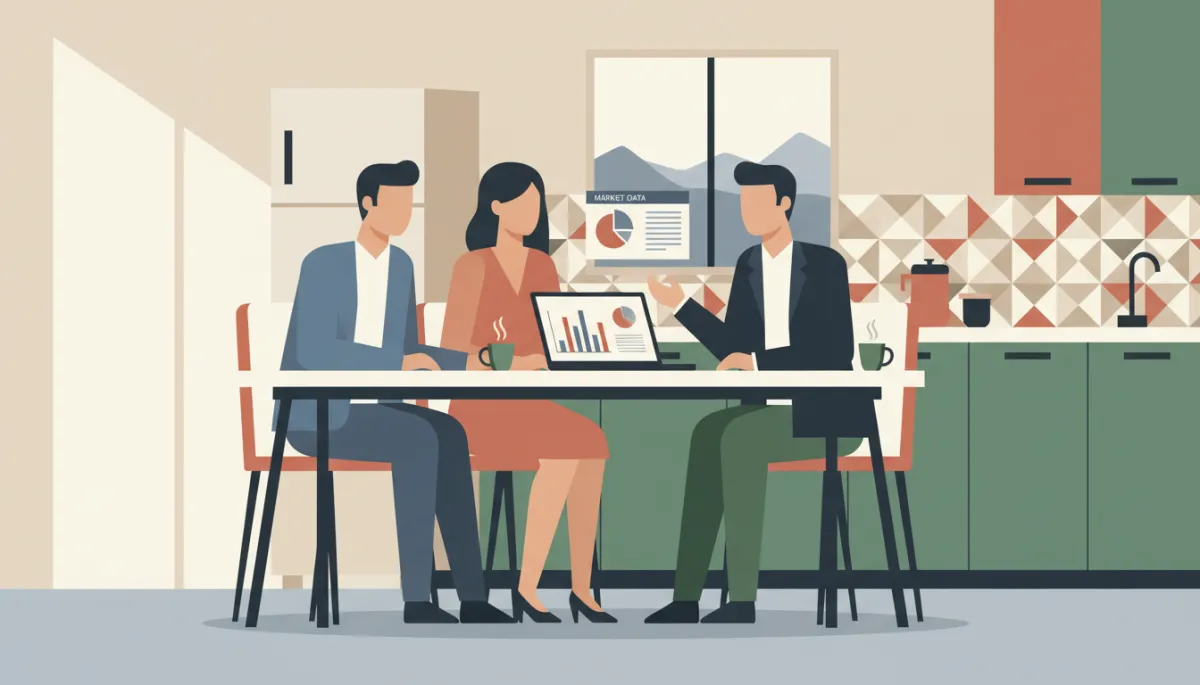 Homeowners reviewing selling strategy with a real estate agent Homeowners reviewing selling strategy with a real estate agent