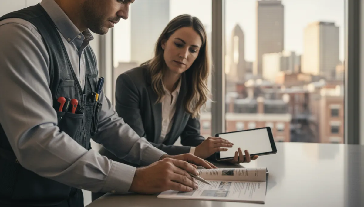 Homebuyer and agent reviewing a professional inspection report in a Massachusetts home