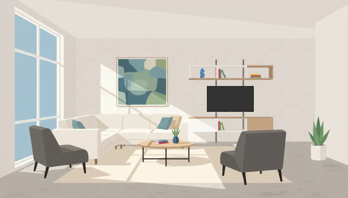 Professionally staged living room in a Massachusetts home with neutral decor