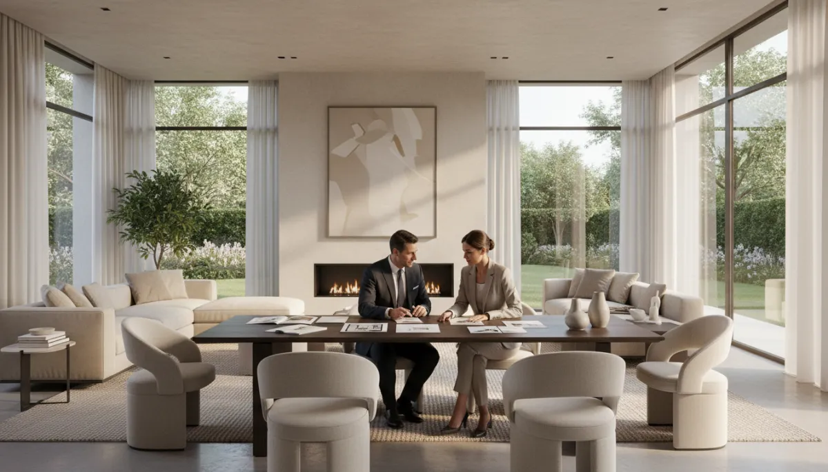 Real estate professionals reviewing marketing strategy in a luxury Newton home