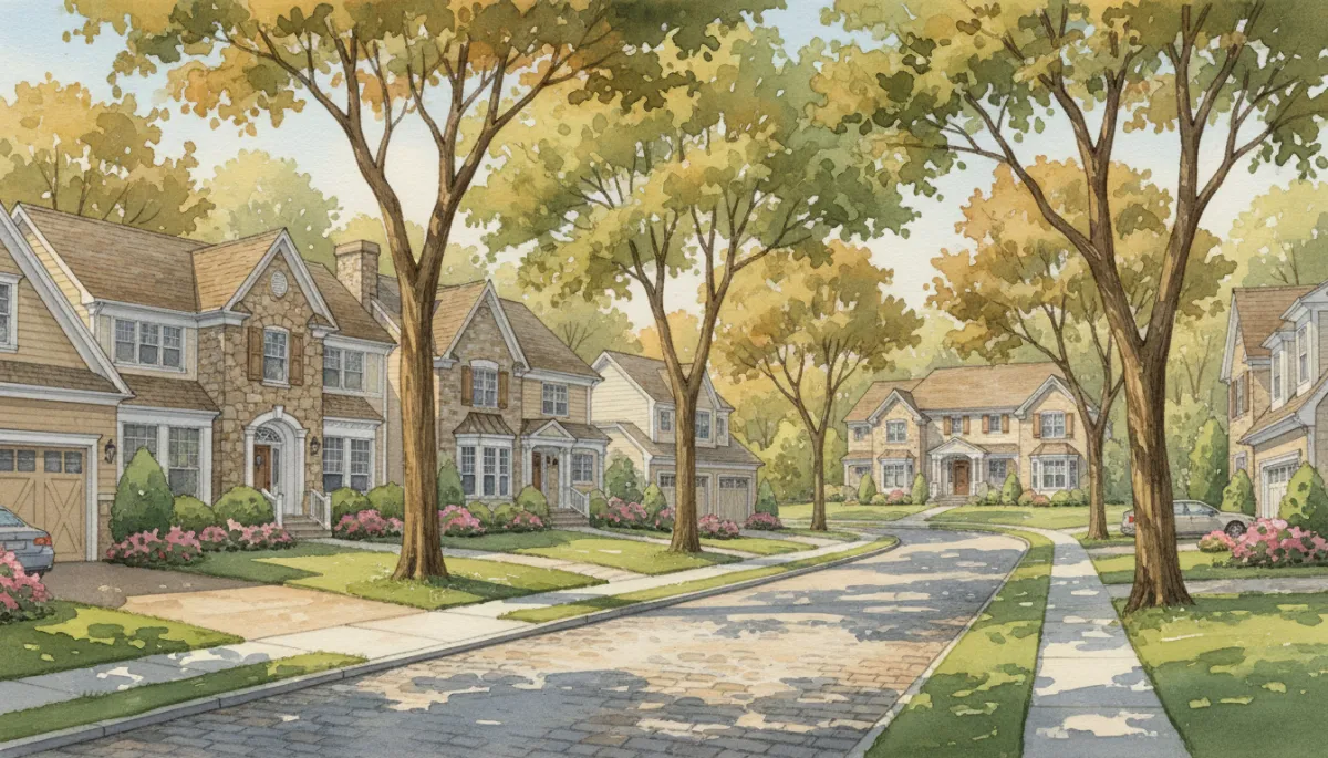 Row of luxury homes on a tree-lined cul-de-sac in a Massachusetts commuter town Row of luxury homes on a tree-lined cul-de-sac in a Massachusetts commuter town