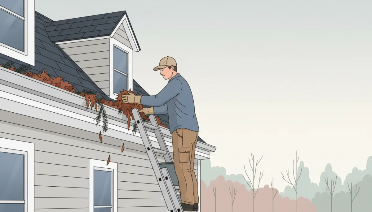 Homeowner performing seasonal gutter cleaning on a New England home
