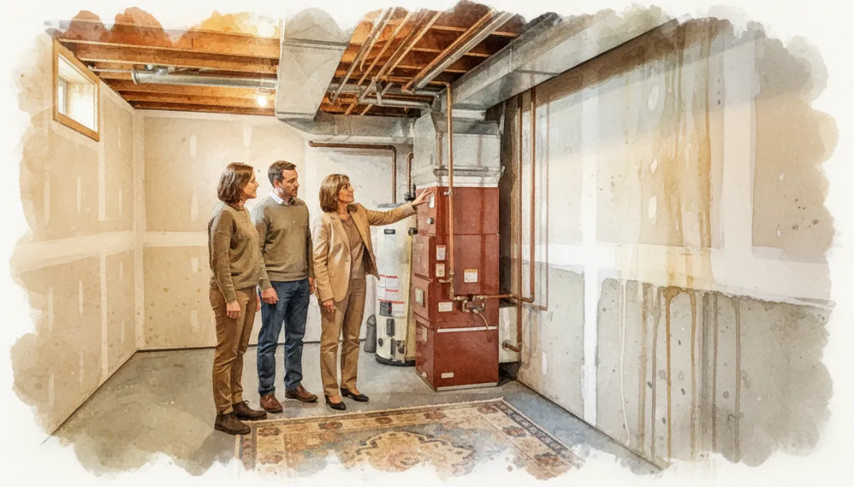 Buyers inspecting a basement and home systems with a real estate agent Buyers inspecting a basement and home systems with a real estate agent