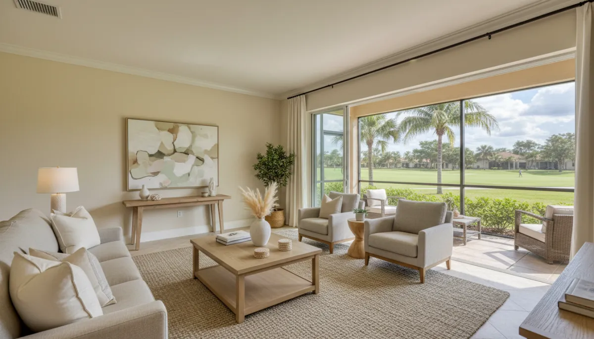 Professionally staged Stoneybrook at Gateway living room with golf course view
