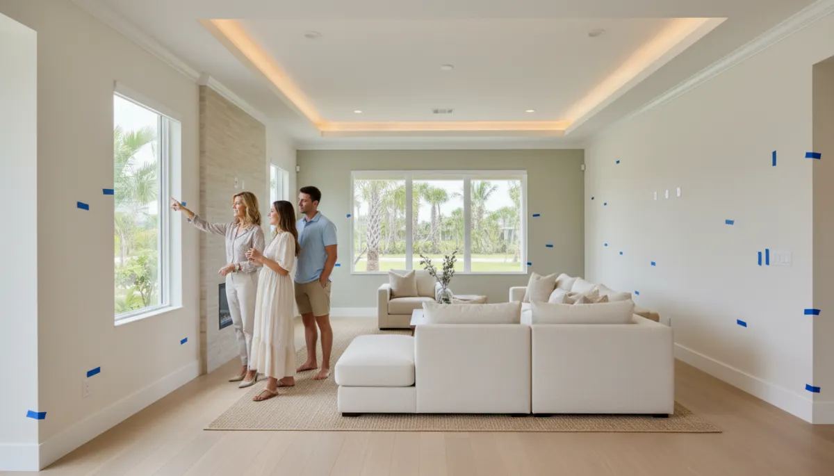 Real estate agent and buyers marking issues with blue tape during a new construction walk-through