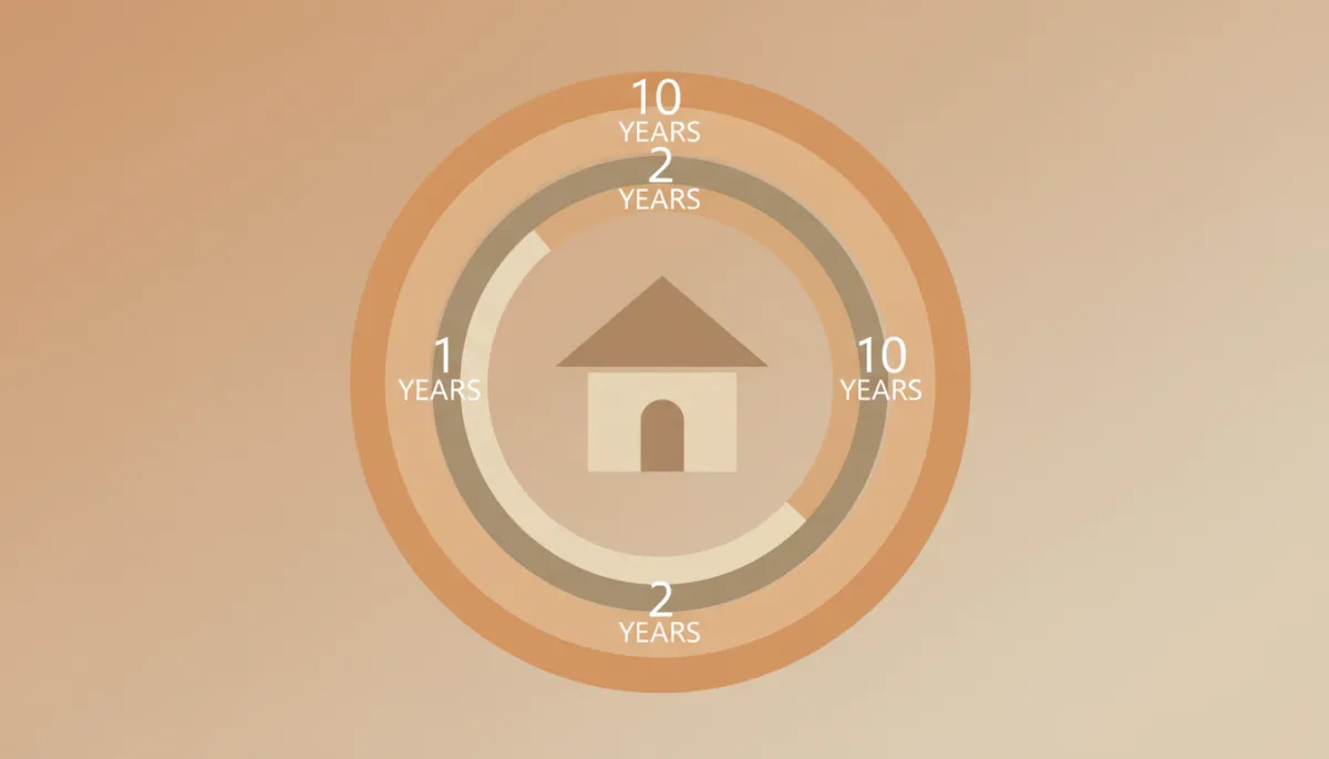 Diagram showing 1-2-10 builder warranty coverage around a house icon Diagram showing 1-2-10 builder warranty coverage around a house icon
