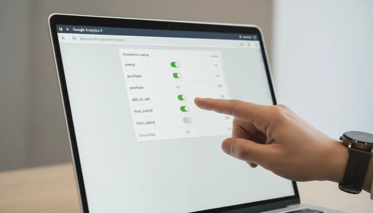 GA4 interface showing events and conversion settings on a laptop screen