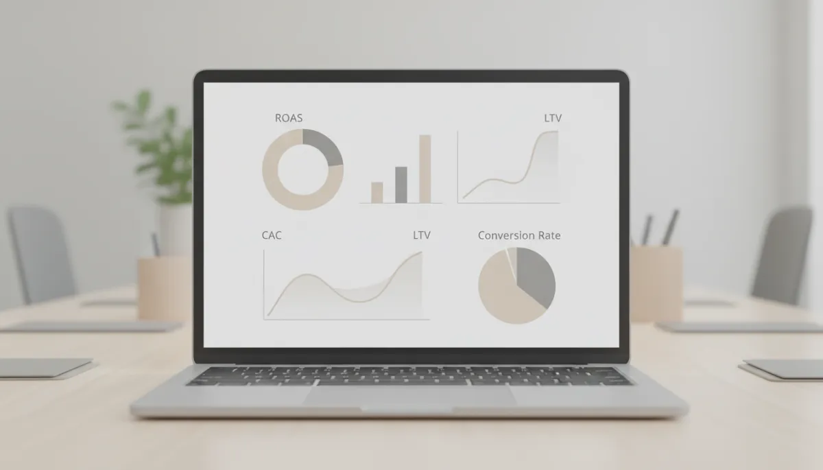 Marketing dashboard showing ROAS CAC LTV and conversion rate charts