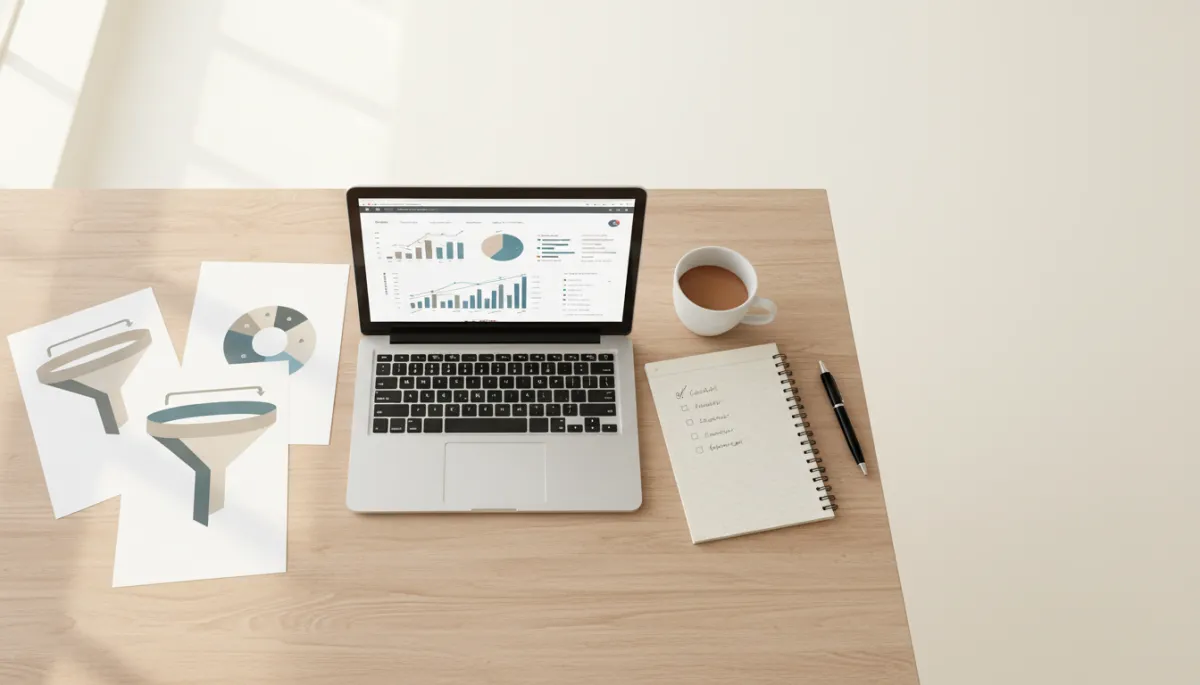 Overview of digital marketing funnel diagrams and performance checklists on a desk