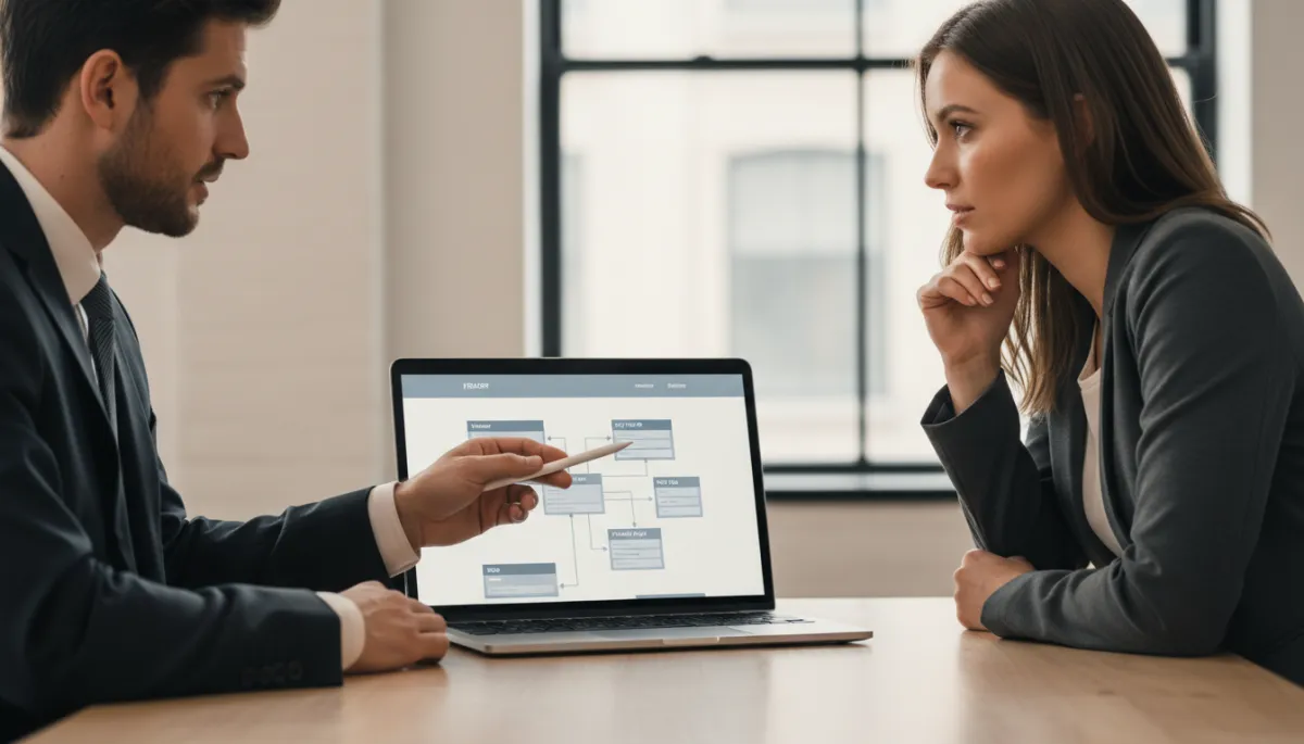 Marketer explaining website structure and SEO basics to a small business owner Marketer explaining website structure and SEO basics to a small business owner