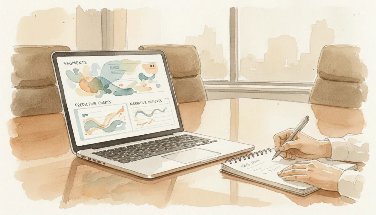 AI-enhanced marketing dashboard with predictive charts and narrative insights on a laptop