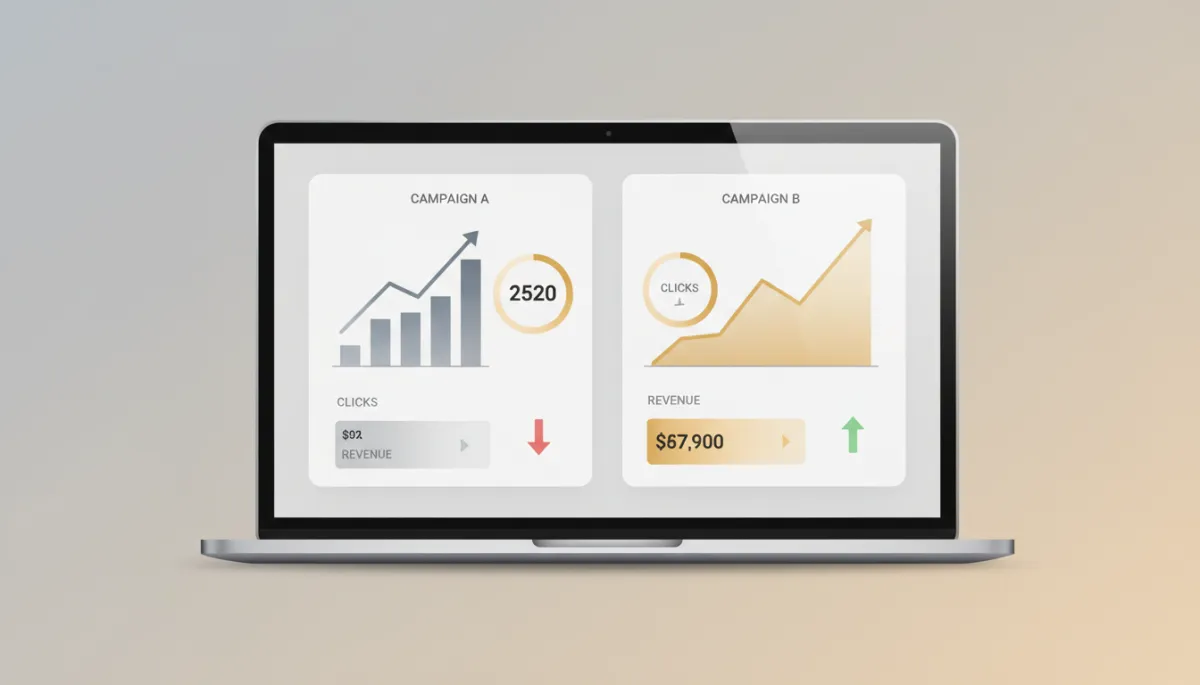 Analytics dashboard comparing vanity metrics to revenue-focused metrics