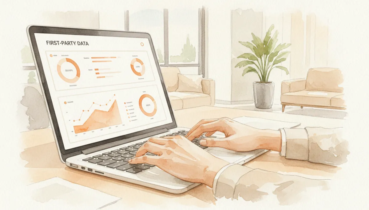 Marketer working with a unified first-party data dashboard on a laptop