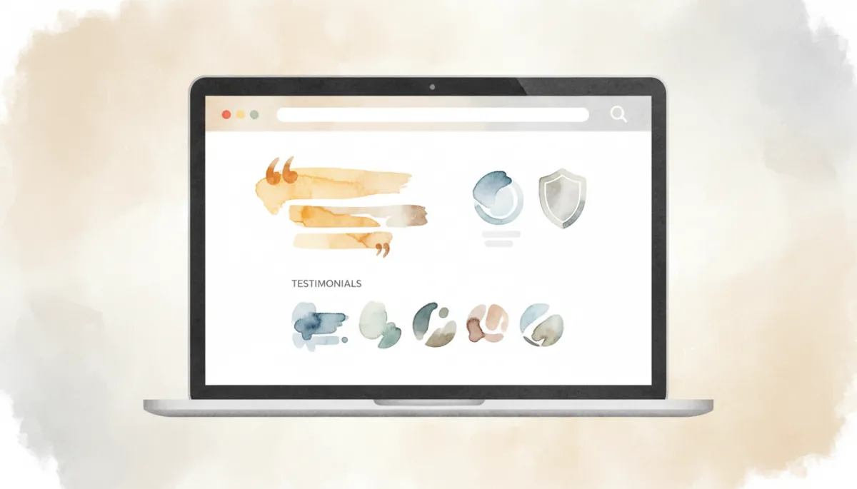 Website interface displaying testimonials, security badges, and recognizable client logos