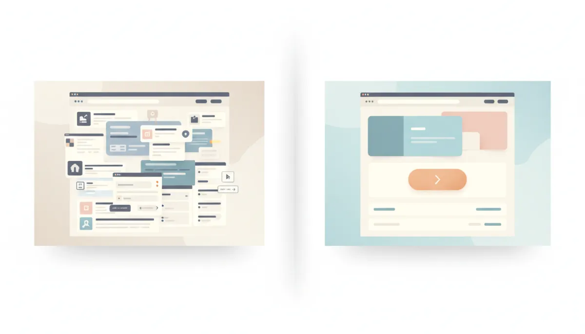 professional neutral-toned split-screen showing on the left a cluttered DIY website with weak call-to-actions and on the right a clean professionally designed conversion-focused layout with clear hierarchy, photorealistic professional style
