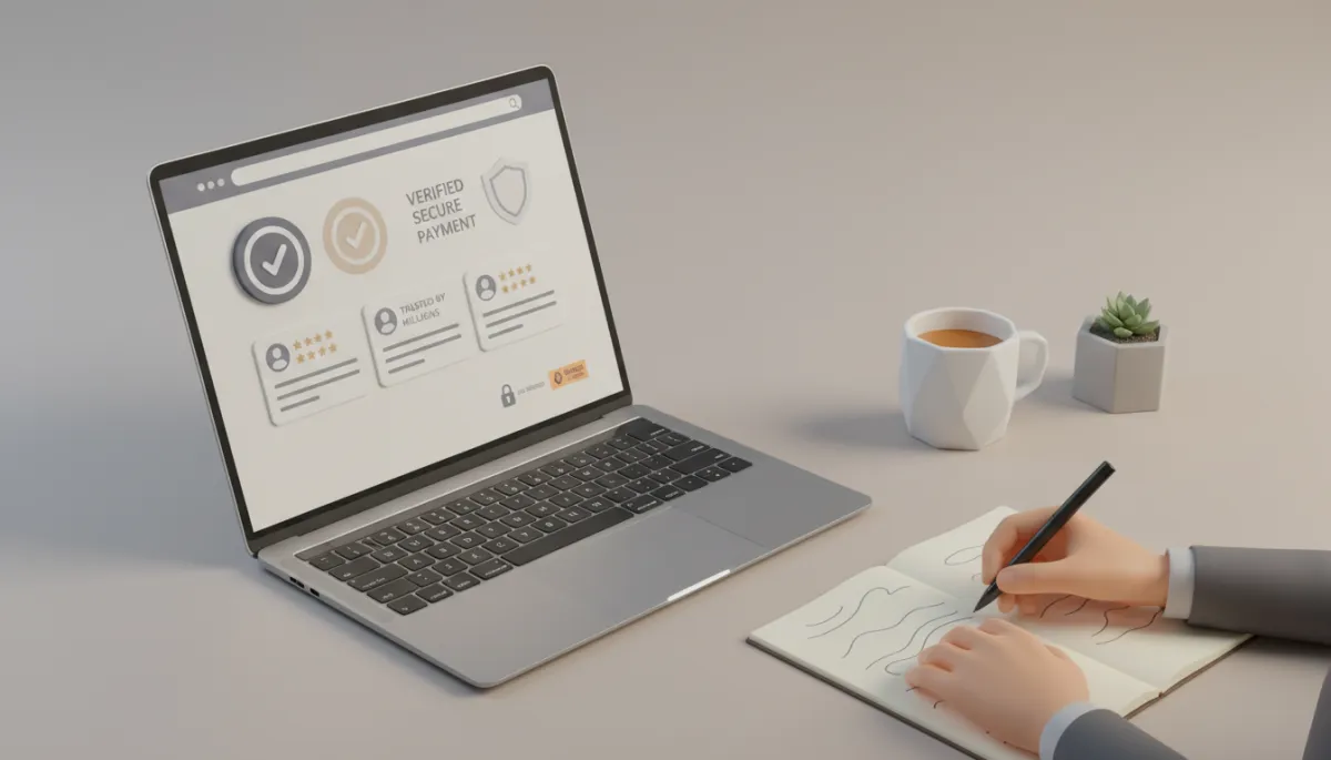 Website interface displaying strong trust signals such as testimonials and security badges in a professional setting