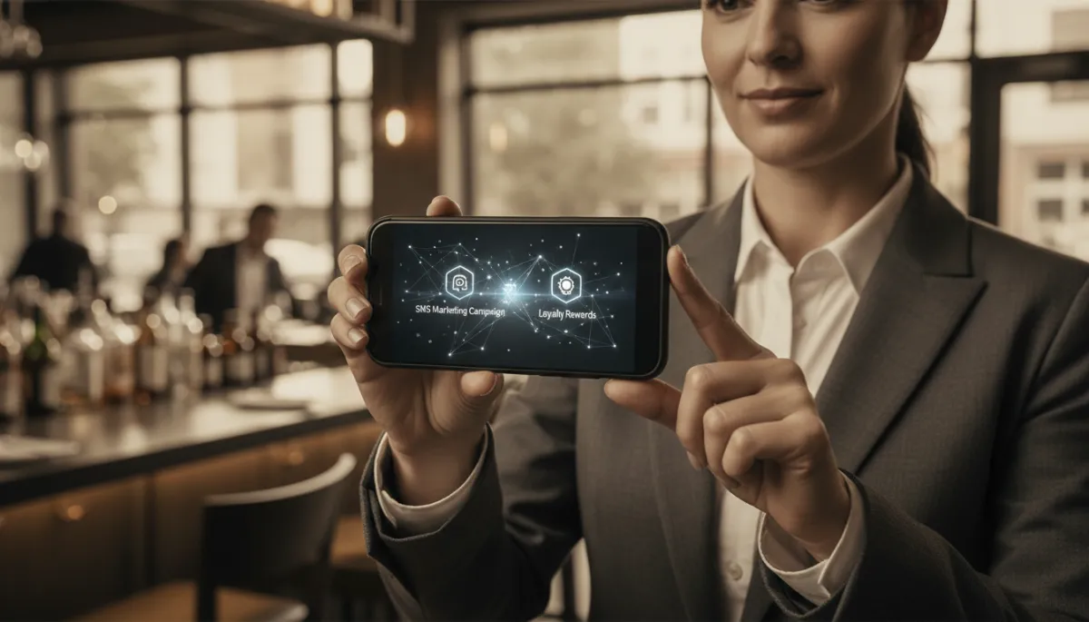 Restaurant manager reviewing automated SMS and loyalty campaign on a smartphone