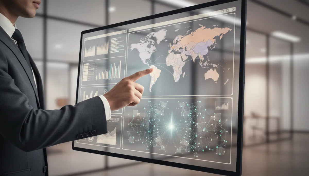 Analyst reviewing layered business data visualizations on a professional monitor