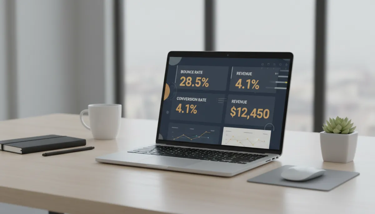 Website analytics dashboard showing bounce rate and conversion metrics on a laptop screen