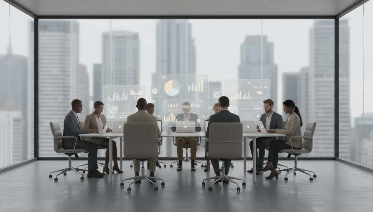 LGBTQ+ professionals collaborating around laptops and data dashboards in a conference room