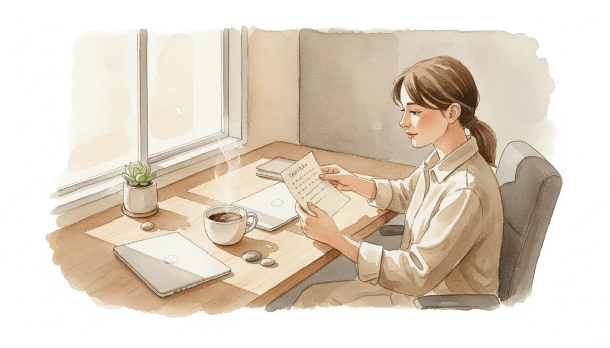 Professional reviewing a short, focused task list at a tidy desk