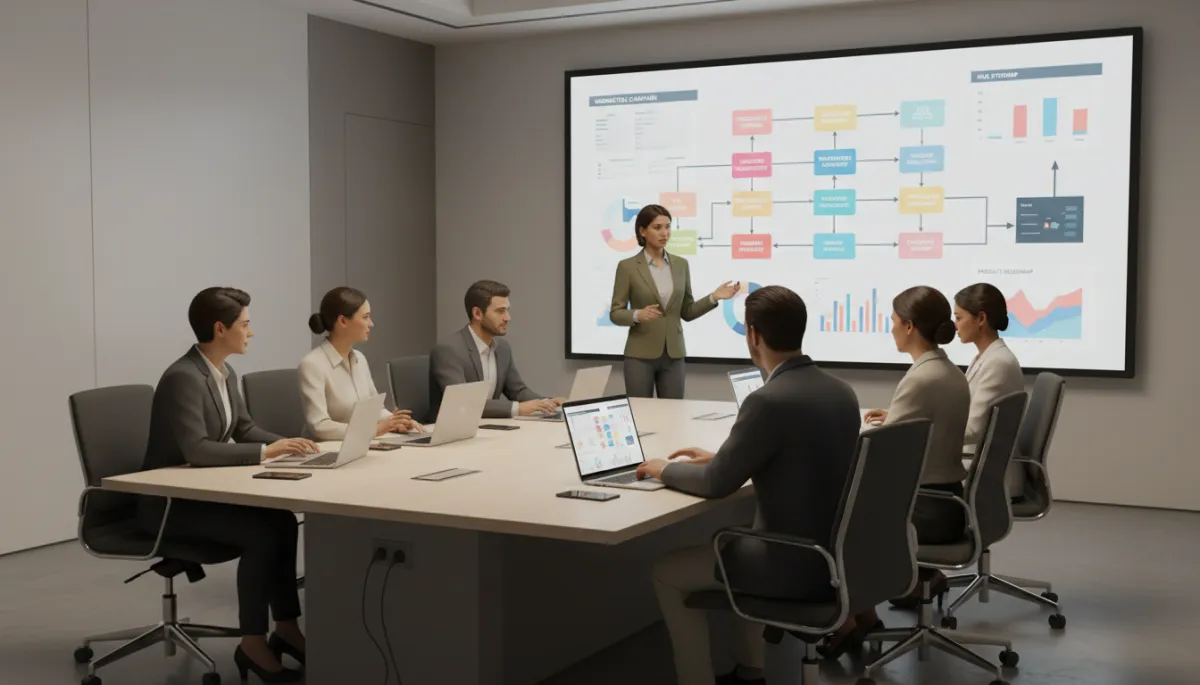 Cross-functional team aligning on digital growth strategy in a neutral office setting