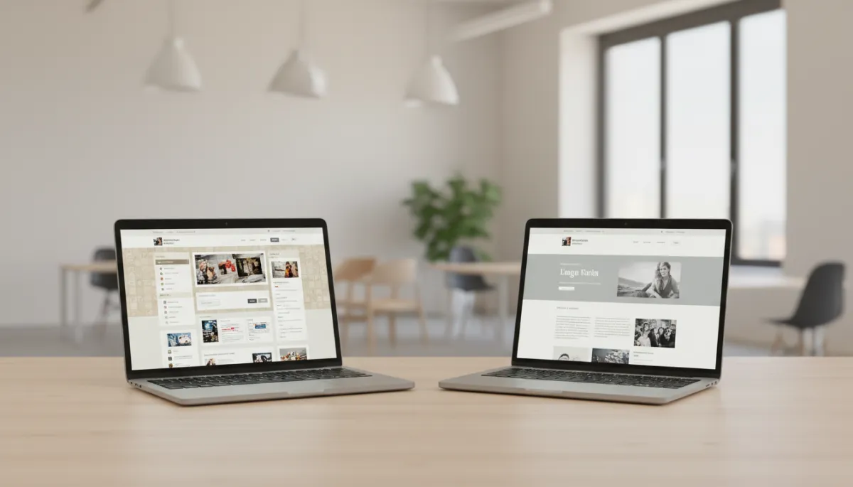 Side-by-side comparison of outdated and modern business website designs on laptops