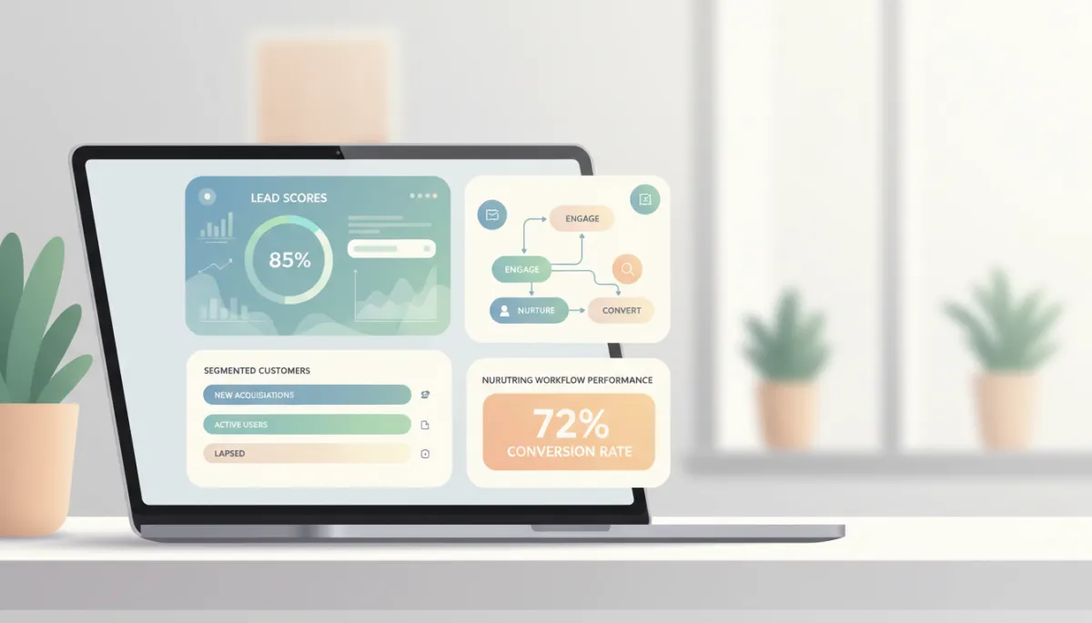 Analytics dashboard showing lead scoring, segmentation, and nurturing performance in a professional setting