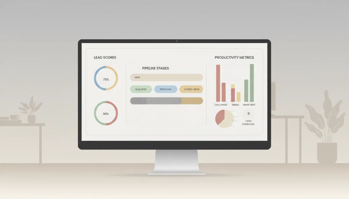 Professional dashboard displaying CRM pipeline, lead scores, and productivity metrics