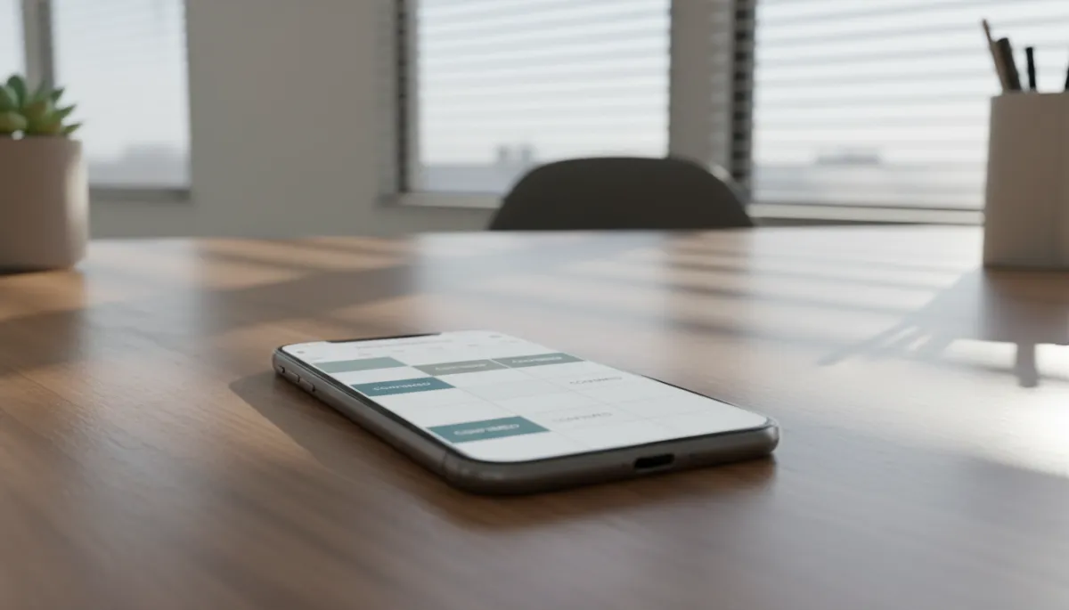 photorealistic close-up of a smartphone on a wooden desk in a Sacramento office, open to an online booking calendar with several confirmed appointments, neutral tones, soft natural window light
