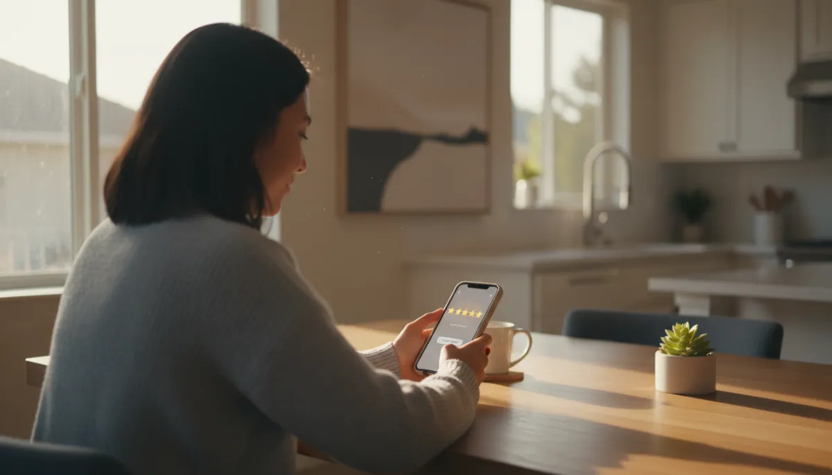 photorealistic view of a customer sitting at a kitchen table in a Sacramento home, using a smartphone to leave a five-star review, neutral colors, soft evening light through a window