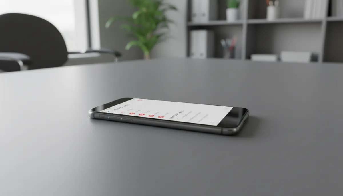 Phone with missed calls and unread inquiry messages on a desk