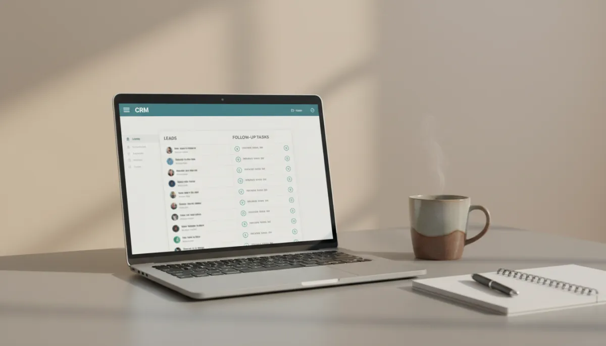 Laptop showing CRM dashboard with organized leads and follow-up tasks
