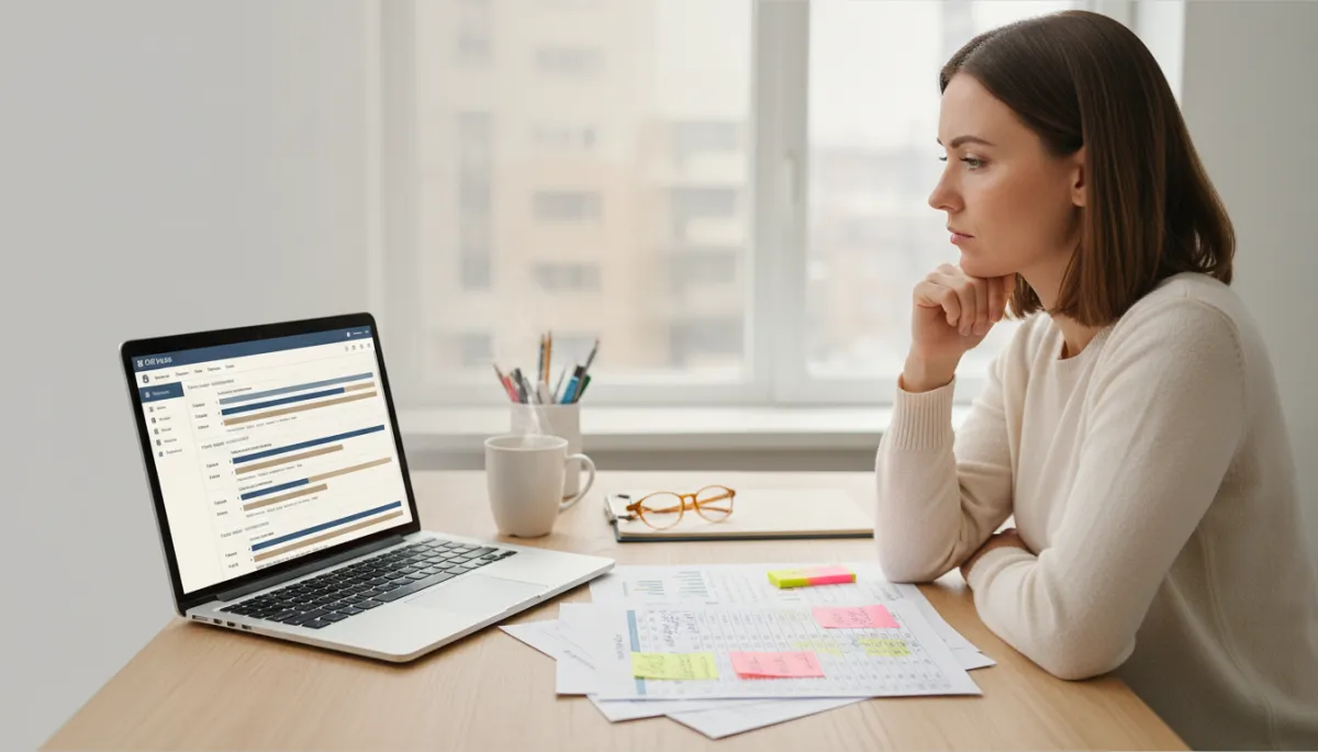 Laptop with CRM pipeline dashboard beside printed spreadsheets on a desk