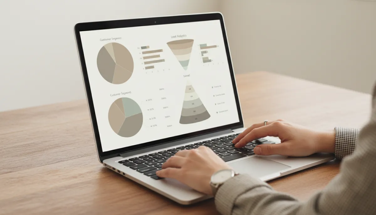 CRM analytics dashboard on laptop showing sales funnel and metrics