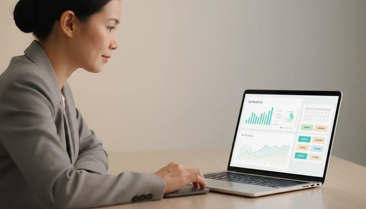 Small business owner reviewing AI receptionist call analytics and bookings on laptop