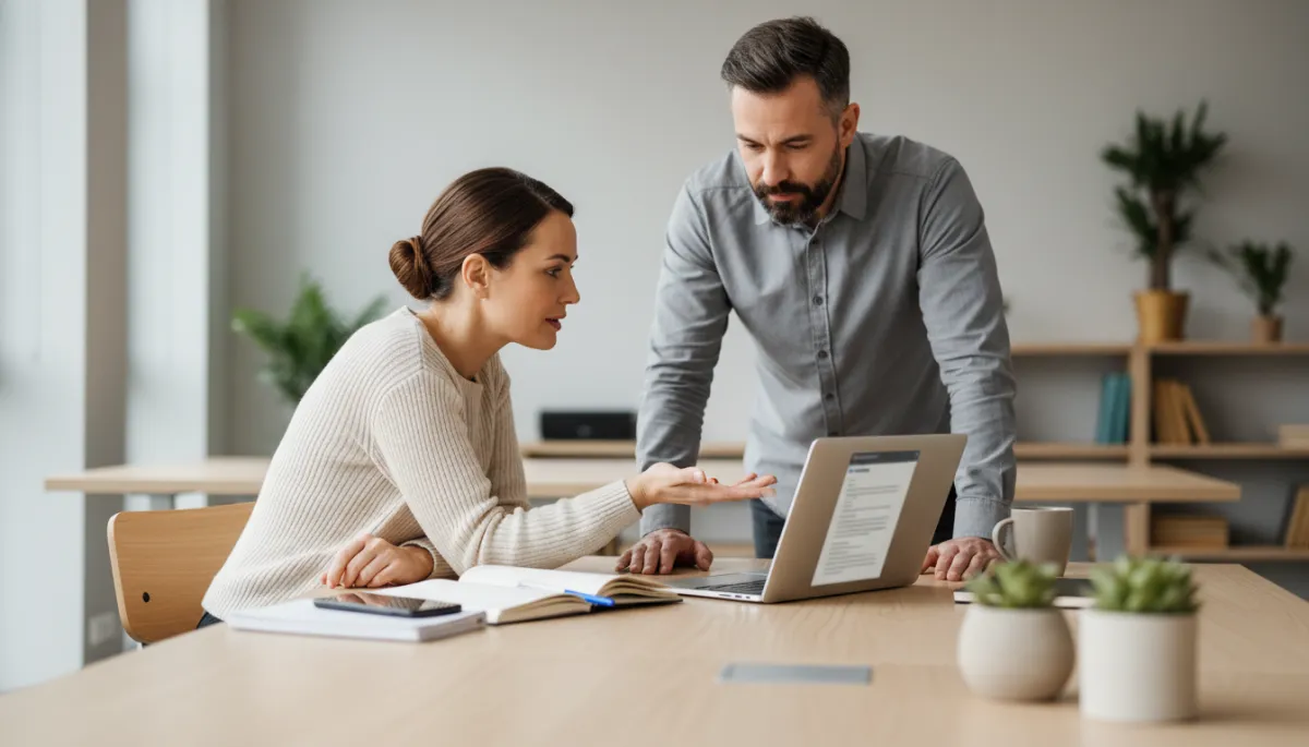 Small business owner reviewing conversational email copy in a neutral-toned office