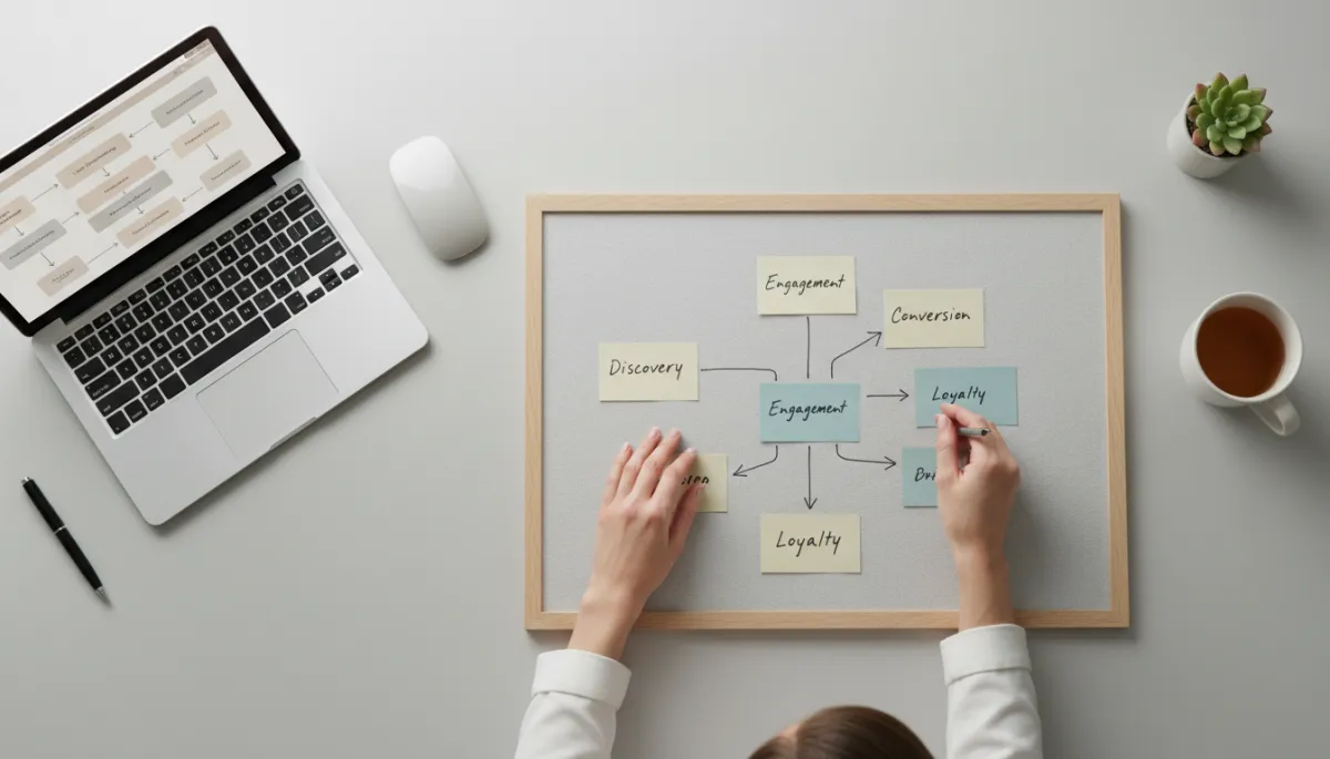 Small business owner planning customer follow-up workflows with notes and laptop
