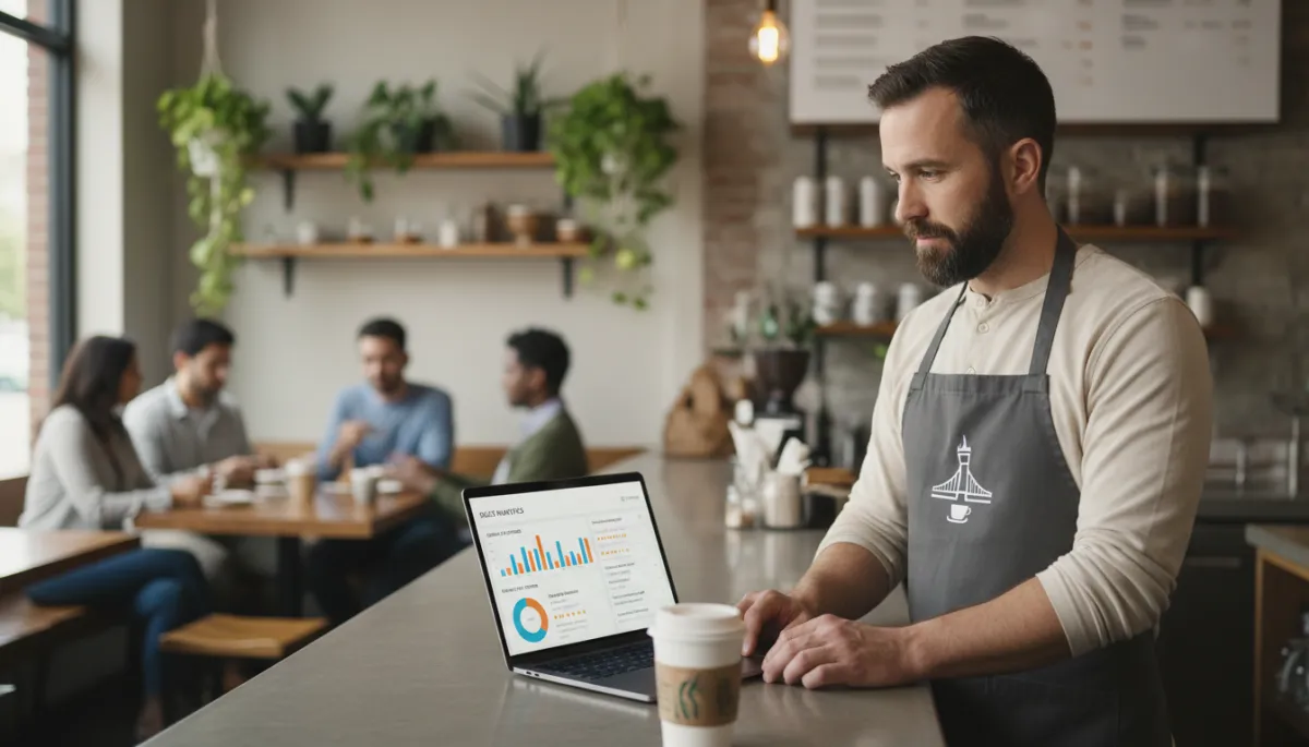 Photorealistic scene of a Sacramento cafe owner reviewing online analytics on a laptop Photorealistic scene of a Sacramento cafe owner reviewing online analytics on a laptop